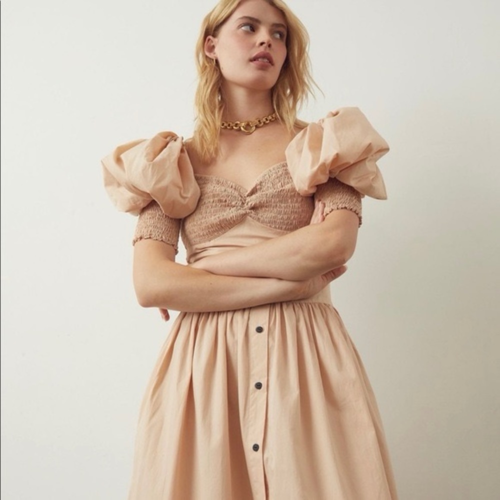SWF Sweetheart Puff Sleeve Midi Dress – Size M – Beige/Tan – NWoT • Pristine